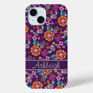 Coque Pour iPhone 15 Modèle floral violet rétro