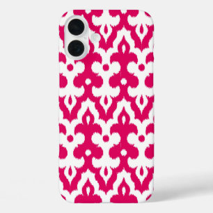 Coques iPhone 16 Plus Modèle marocain Ikat Damask, Fuchsia rose & blanc