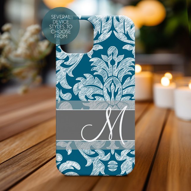 Coques Case-Mate iPhone Modèle moderne en dentelle Damas - gris bleu (Personalized Phone Case with Monogram)