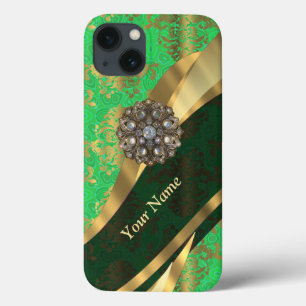 iPhone 13 Case Modèle personnalisé vert et or damassé