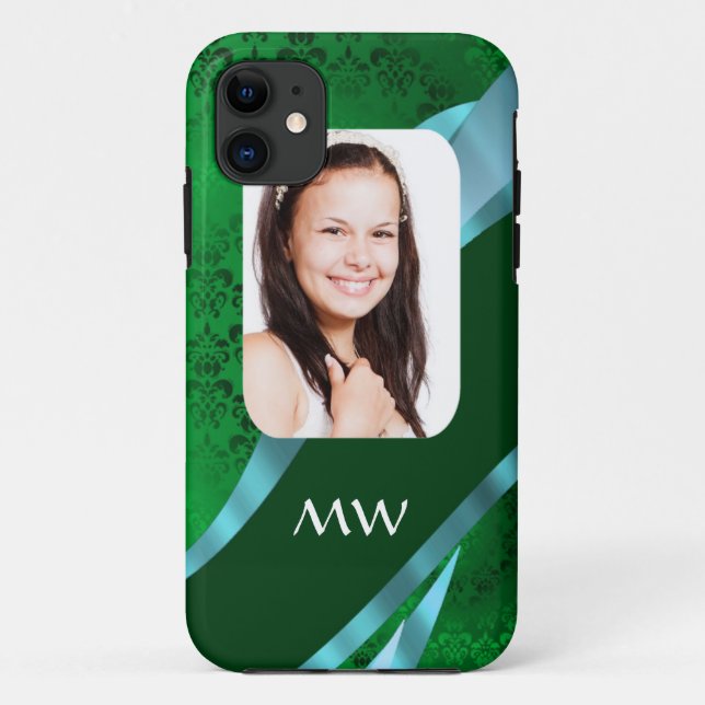 Coques Case-Mate iPhone Modèle photo monogramme vert damé (Dos)