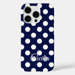 Coque iPhone 16 Pro Modèle Pour Votre Nom Bleu Foncé Gros Pois