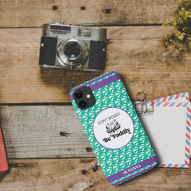 Coques Case-Mate iPhone Modèle Rétro Vert Clair Loutre Canoë Nom Personnal (Créateur téléchargé)