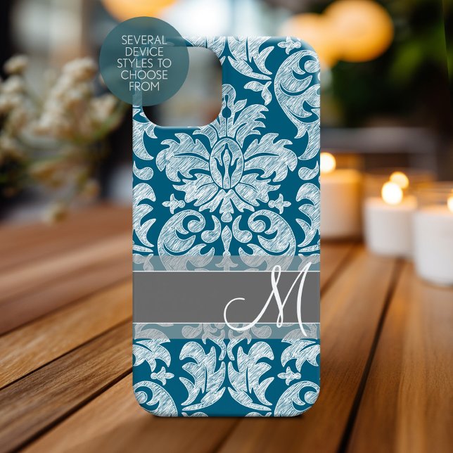Coques Case-Mate iPhone Modèle turquoise blanc damassé du tableau de bord (Personalized Phone Case with Monogram)
