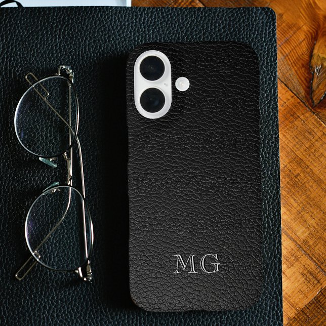 Coques Case-Mate iPhone Modern Black Faux Leather White Monogram Initials (Créateur téléchargé)