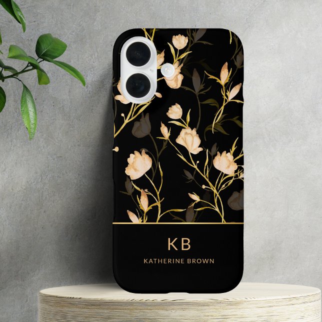 Coques Case-Mate iPhone Modern Elegant Black Gold Floral Pattern  (Créateur téléchargé)