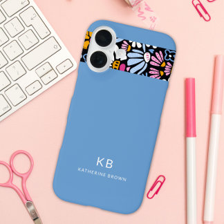 Coque Pour iPhone 16 Modern Elegant Blue Black Floral Pattern 