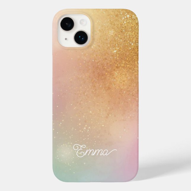 Coques Case-Mate iPhone Modern Glitter Holographic Gold with Name (Verso)