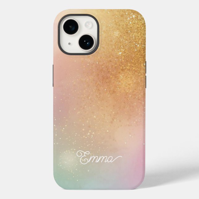 Coques Case-Mate iPhone Modern Glitter Holographic Gold with Name (Verso)