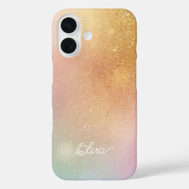 Coques Case-Mate iPhone Modern Glitter Holographic Gold with Name (Verso)