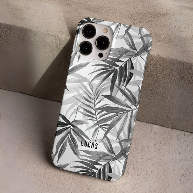 Coques Case-Mate iPhone Modern Grey Tropical Feuille Motif Nom personnalis (Créateur téléchargé)