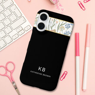 Coque Pour iPhone 16 Modern Monogramm Cute Black Floral Pattern 