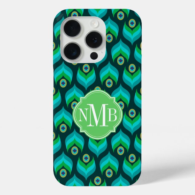 Coques Case-Mate iPhone Modern Peacock Feather Pattern Monogram Case-Mate (Verso)