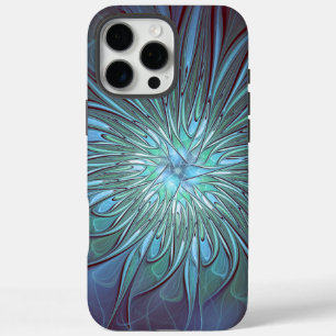 Coque iPhone 16 Pro Max Moderne Abstrait tendance Fleur bleue Fractal Art