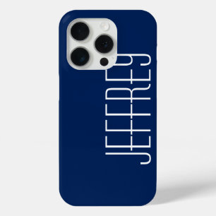 Coque iPhone 15 Pro Moderne Bleu foncé et blanc, Nom géant personnalis