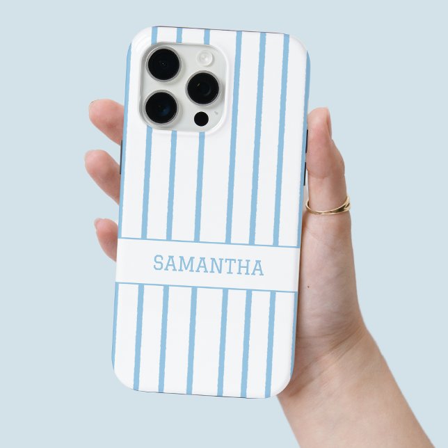 Coques Case-Mate iPhone Moderne Bleu rayé Personnalisé Nom Chic Blanc (Modern Blue Striped Personalized Name Chic White Case-Mate iPhone Case)