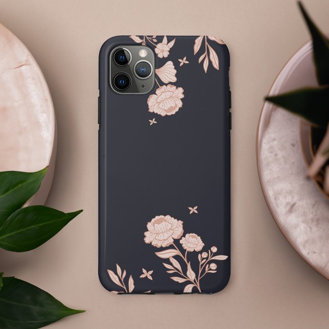 Coques Case-Mate iPhone Moderne Chic Floral Rose Marine Botanique & Rose (Modern Chic Floral Rose Botanical Navy & Pink Case-Mate iPhone Case)