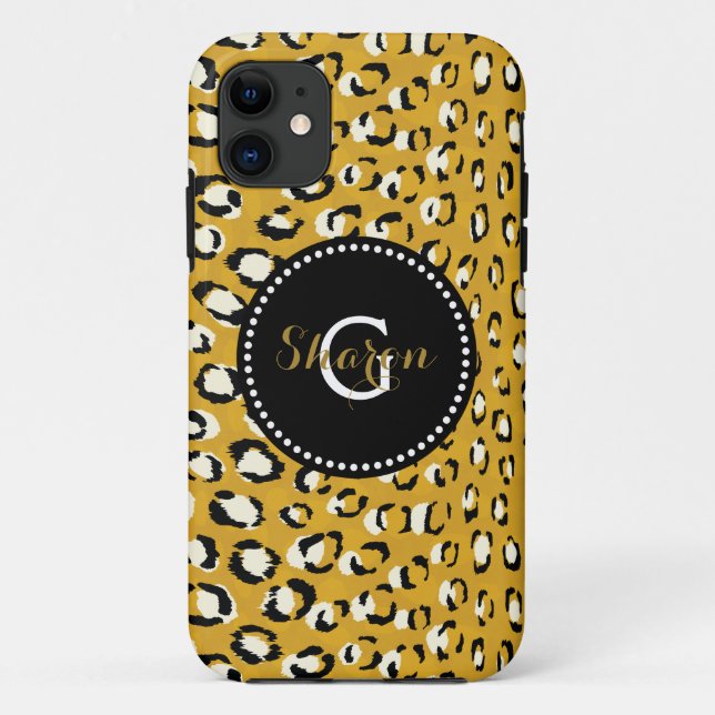 Coques Case-Mate iPhone Moderne chic imprimé guépard doré à monogramme (Dos)