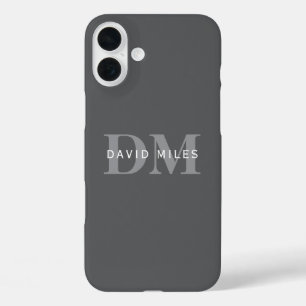 Coque Pour iPhone 16 Plus Moderne Élégant Gris Foncé Monogramme & Nom