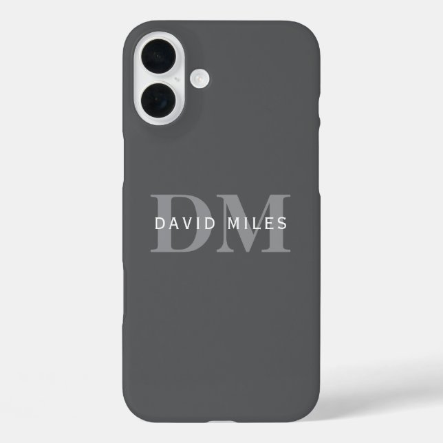 Coques Case-Mate iPhone Moderne Élégant Gris Foncé Monogramme & Nom (Verso)