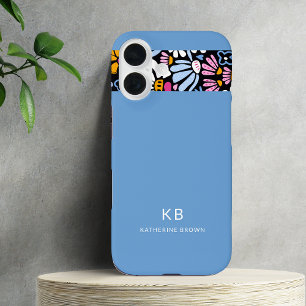 Coque Pour iPhone 16 Moderne Élégant Motif Floral Bleu Noir