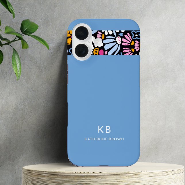 Coques Case-Mate iPhone Moderne Élégant Motif Floral Bleu Noir  (Créateur téléchargé)