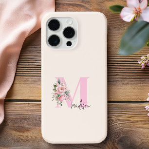 Coque iPhone 16 Pro Max Moderne Élégant rose Floral Nom initial Monogramme