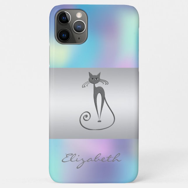 Coques Case-Mate iPhone Moderne Élégante Féminine, Chat Bleu Holographique (Dos)