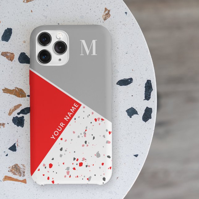 Coques Case-Mate iPhone Moderne Géométrique Gris Rouge Terrazzo Monogramme (Créateur téléchargé)