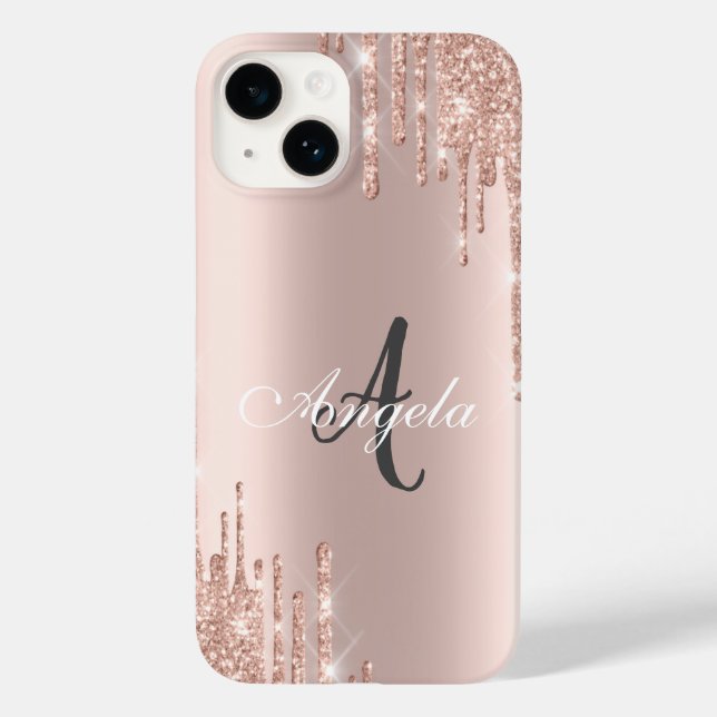 Coques Case-Mate iPhone Moderne Gouttes de Paillettes Rose Doré, Monogramm (Verso)