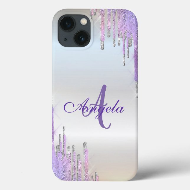 Coques Case-Mate iPhone Moderne gouttes de paillettes violettes,Argent,Mon (Verso)
