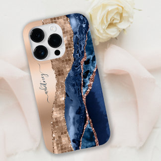 Coque Case-Mate iPhone Moderne Indigo Blue Agate & Rose Gold Confetti Lea