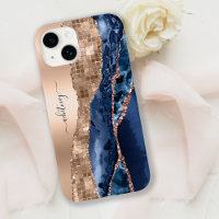 Moderne Indigo Blue Agate & Rose Gold Confetti Lea