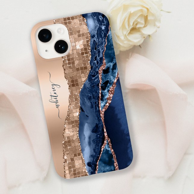Coques Case-Mate iPhone Moderne Indigo Blue Agate & Rose Gold Confetti Lea (Créateur téléchargé)