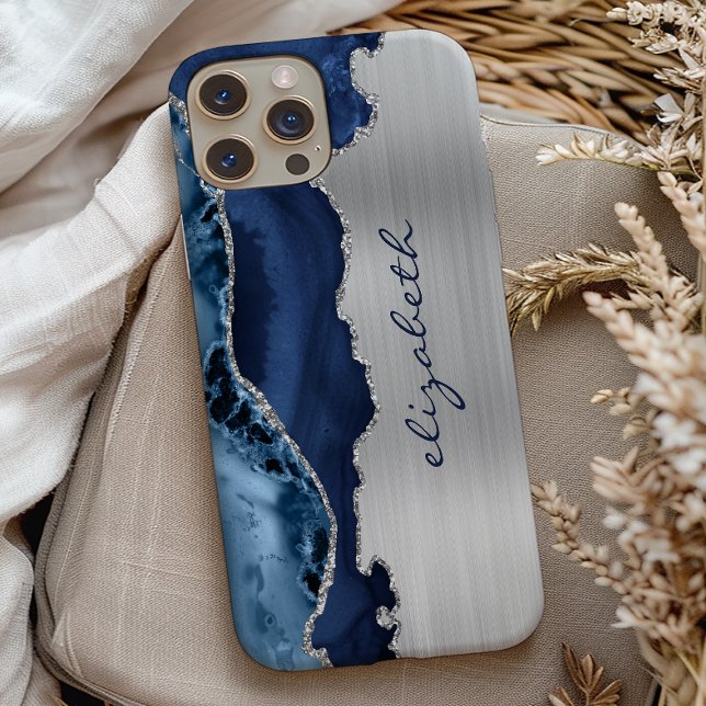 Coques Case-Mate iPhone Moderne Marine Bleu Argent Agate métallique (Créateur téléchargé)