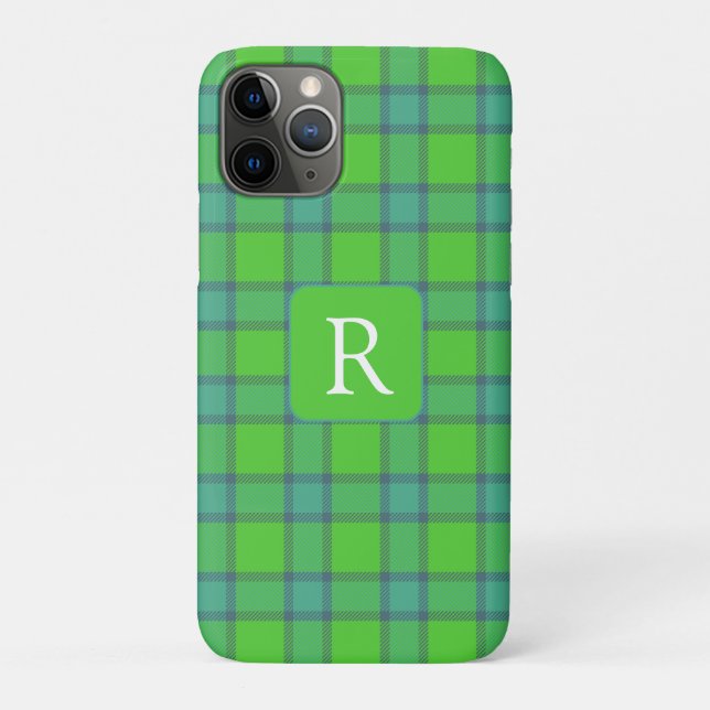 Coques Case-Mate iPhone Moderne monogramme à carreaux écossais vert et ble (Dos)