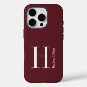 Coque iPhone 16 Pro Moderne Monogramme Nom Ivoire Bourgogne Foncé
