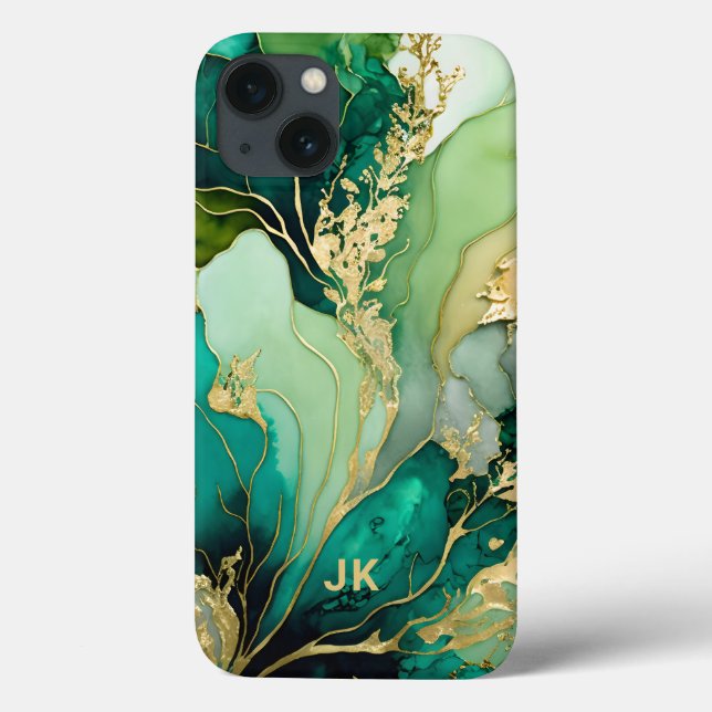 Coques Case-Mate iPhone Moderne Monogramme Personnalisé en Marbre Vert Or (Verso)