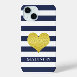Coque Case-Mate iPhone Moderne Navy Blue Rayures Cœur Or Nom
