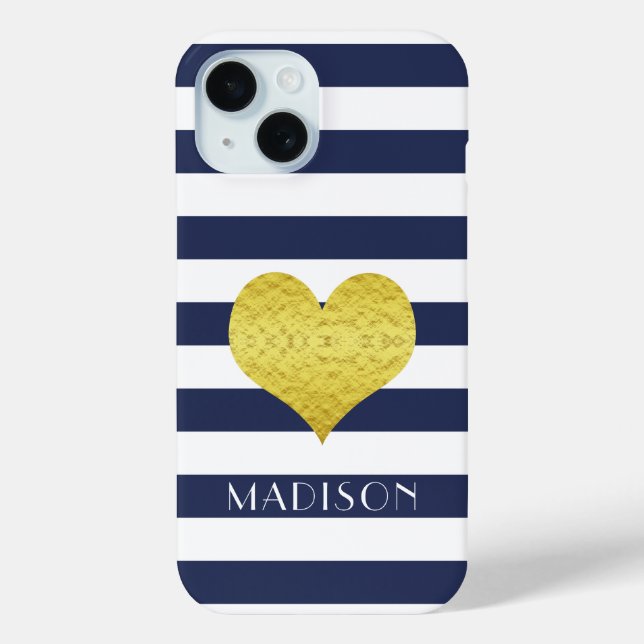 Coques Case-Mate iPhone Moderne Navy Blue Rayures Cœur Or Nom (Verso)