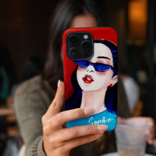 Coque iPhone 16 Pro Moderne tendance Rouge bleu ville fille sur mesure