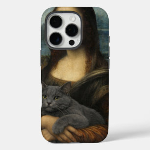 Coque iPhone 16 Pro Mona Lisa tenant un élégant chat gris
