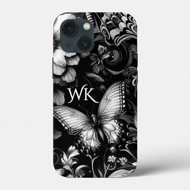 Coques Case-Mate iPhone Monochrome Antique Papillons Floraux Monogramme (Verso)