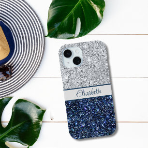 Coque Case-Mate iPhone Monogram Argent Paillettes Bleu Foncé Tendance Chi