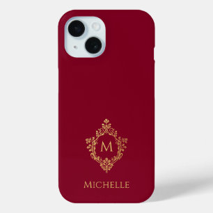 Coque Case-Mate iPhone Monogram Burgundy Faux Gold Crest Initial et nom