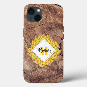 Case-Mate iPhone Case Monogram de Rustic Sunflowers & Wood Texture