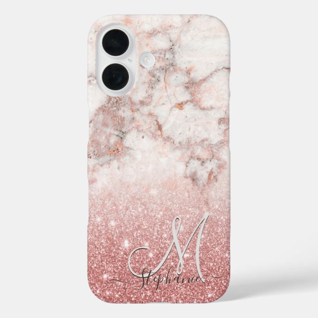Coques Case-Mate iPhone Monogram Faux Rose Gold Glitter White Marble Ombre (Verso)