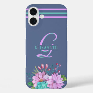 Coque Pour iPhone 16 Plus MONOGRAM initiales bandes Bleu
