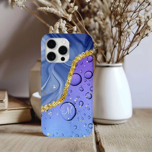 Coque Case-Mate iPhone Monogram M Glam Or Bleu & Gouttelettes Violettes
