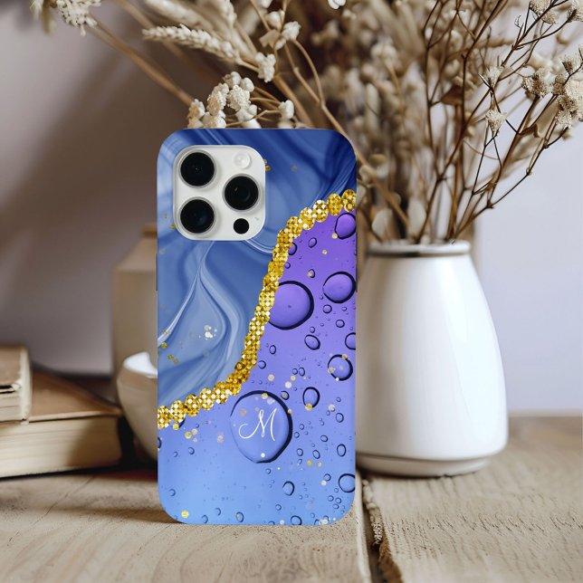 Coques Case-Mate iPhone Monogram M Glam Or Bleu & Gouttelettes Violettes (Créateur téléchargé)
